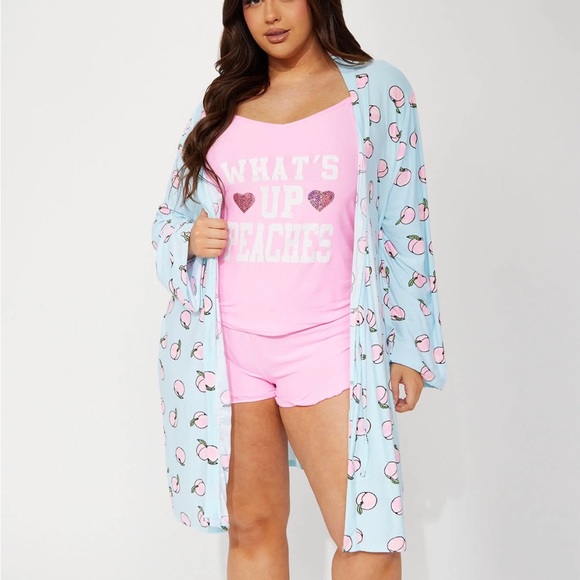 What’s Up Peaches 🍑 3 Piece PJ Robe Short Set - Blue - Picture 4 of 5